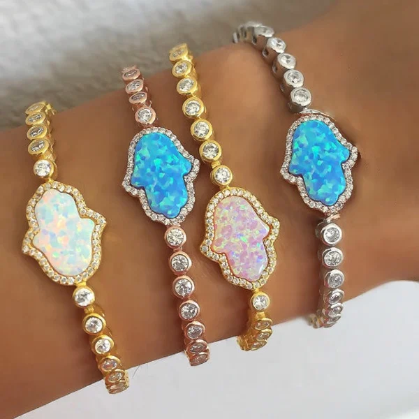 

genuine blue fire opal gemstone sterling silver chain European hamsa hand fatima 925 sterling silver tennis cz gold bracelet, Various size and color