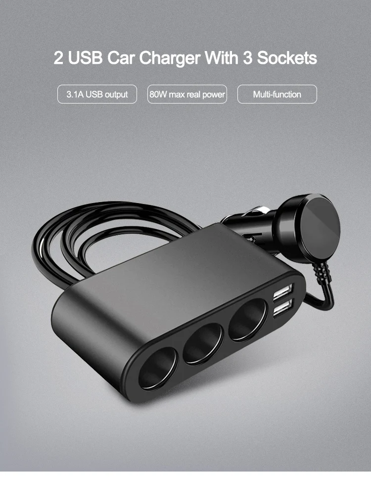 3 Way Auto Sockets Metal 5V 3.1A 2 Ports USB Car Charger Cigarette Lighter Socket Splitter