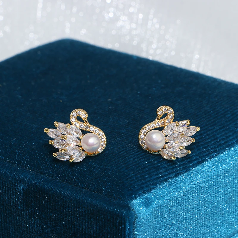 

2021 elegant swan freshwater pearls shiny zircon earirngs jewelry for women, Gold