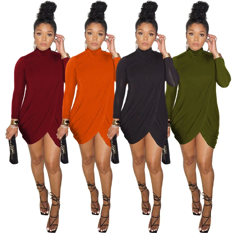 

2021 Stylish Casual Lady Clothing High Collar Plain Color Club Wear Sexy Bodycon Mini Spring Women Dress