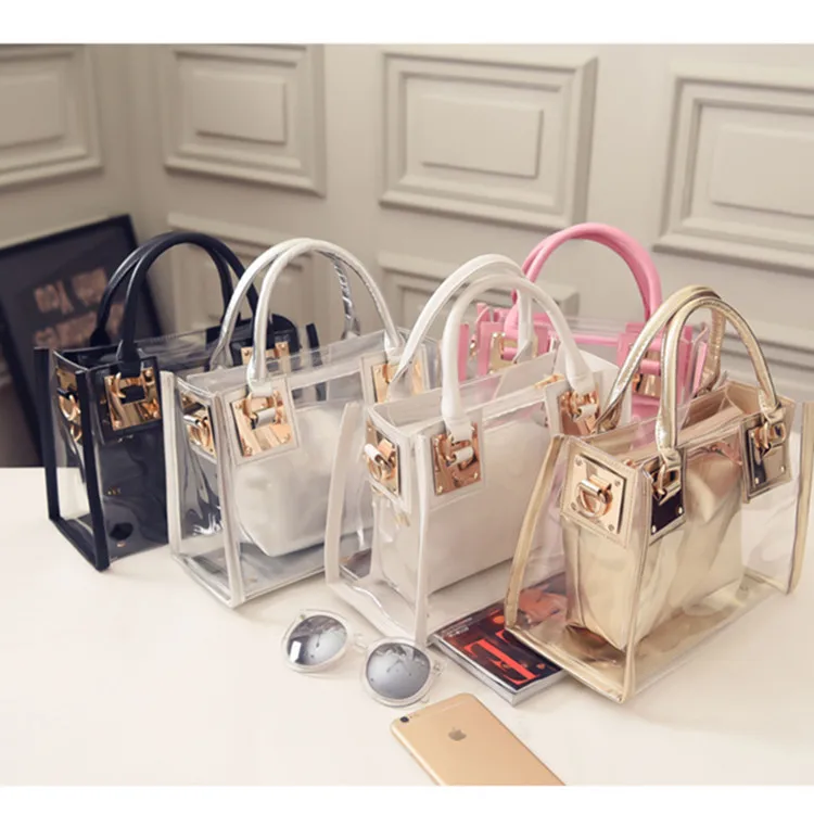 

Women Fashion 2pcs Shoulder Bag Clear Jelly Clutch Purse Transparent Handbag