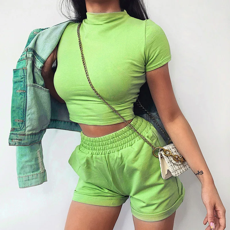 

Neon Green Women 2 Pieces Sets Tee and Shorts Slim Elastic High Waist Mini Shorts Fashion Summer Streetwear Sets New