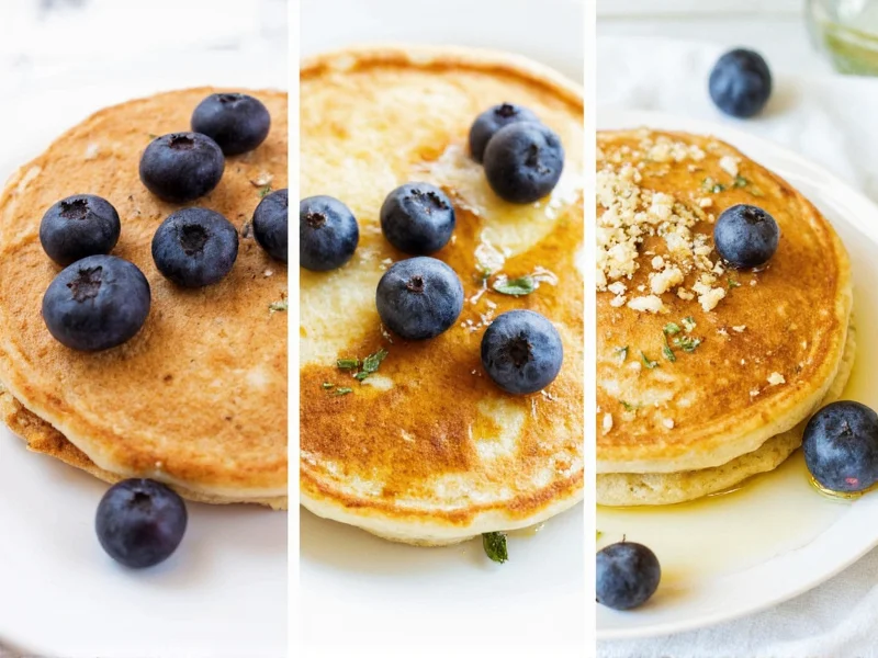 Three variations of buttermilk pancakes with blueberries and herbs