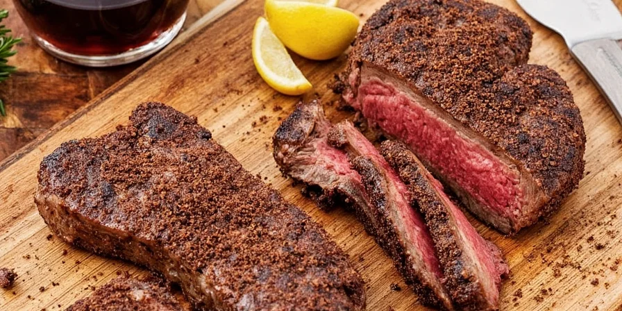 Espresso powder sprinkled over a juicy ribeye steak