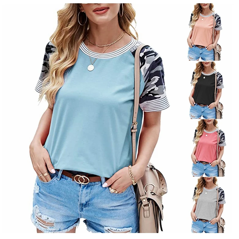 

Fashion casual loose Short-Sleeved Top Solid Color Stitching Camouflage Printed T-Shirt Causal Party Ladies T-Shirt