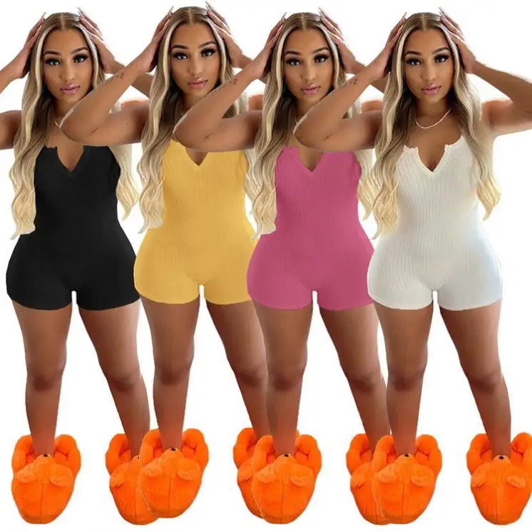 

OSINA New Trendy Solid Color V Neck Sleeveless Suspender Jumpsuit Women Ribbed Jumpsuit