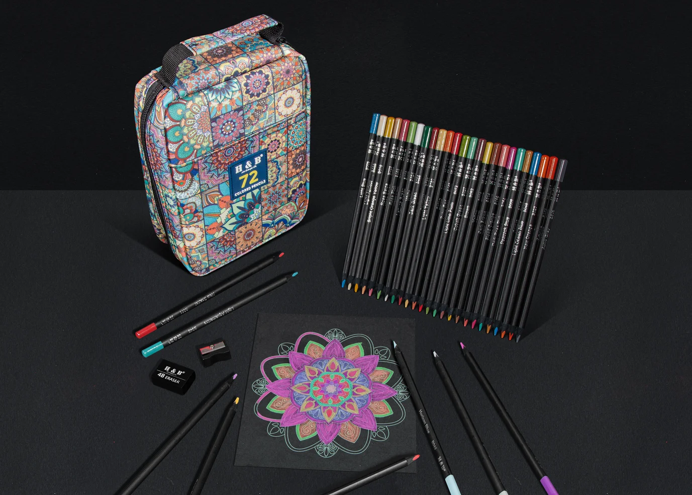 H&B 72-color soft-core colored pencils set with mandala zipper case - colored pencils manufacturer