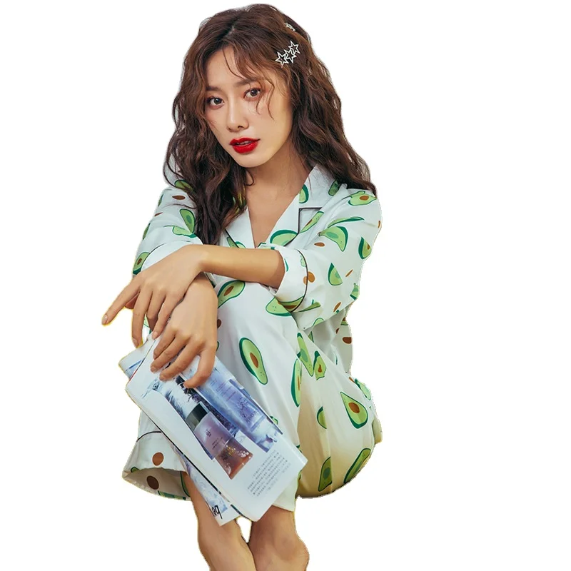 

Silk lapel cute long-sleeved trousers two-piece pajamas wholesale spring and autumn women's home suit