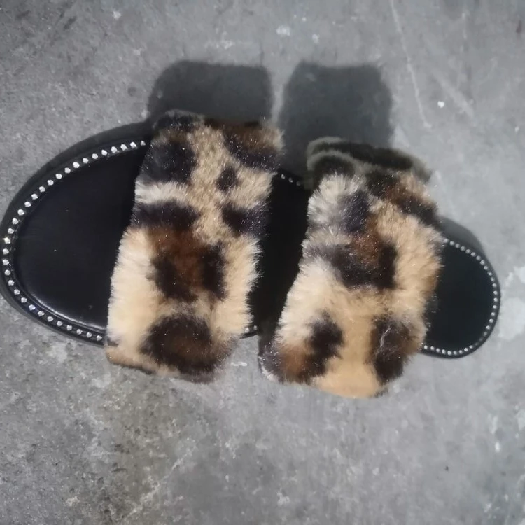 

Drop shipping High quality leopard pattern disconnected double band fashion furry slippers crystal home slippers, Blue, leopard, yellow, grey, black