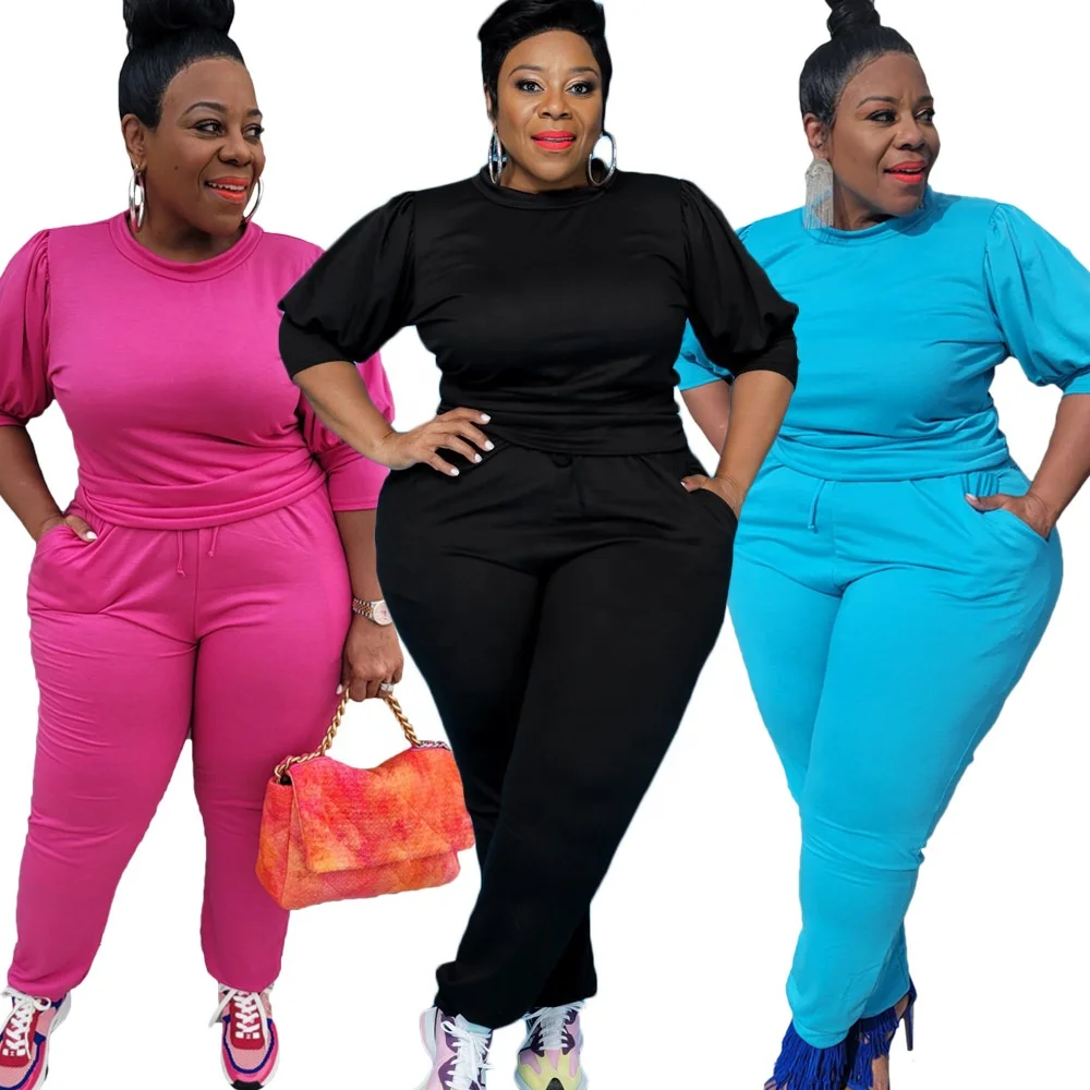 

Wholesale Spring Solid color stitching milk silk polyester two piece pants set plus size pants