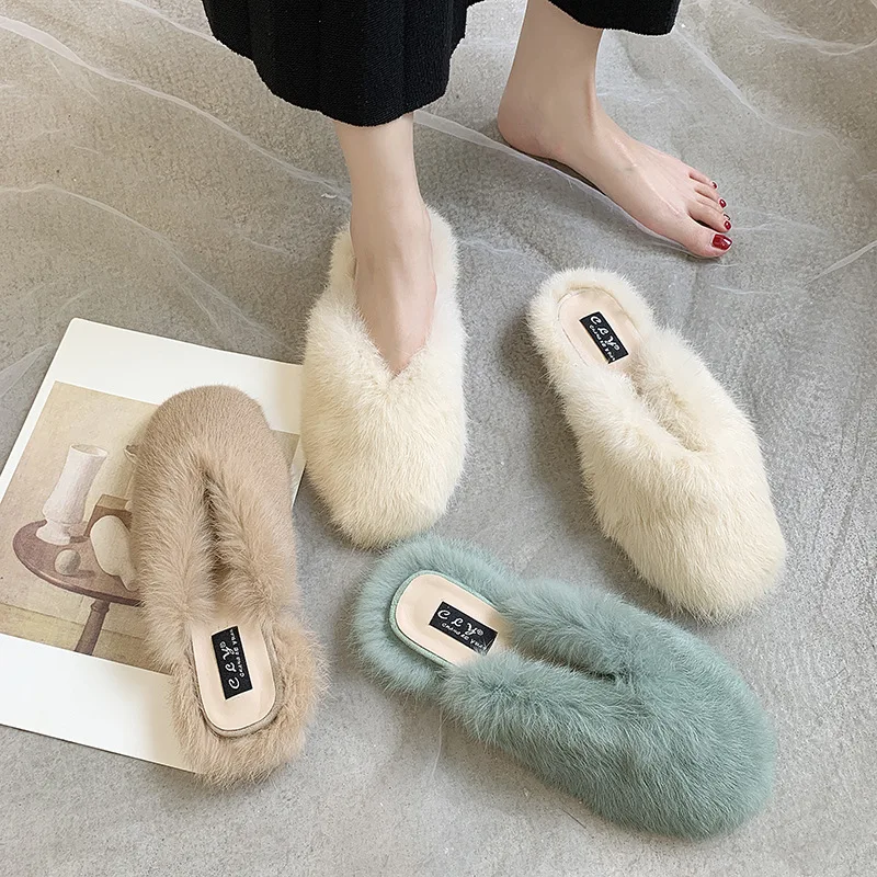 

Rabbit Fur Flat Slippers For Outer Wear All-match Plush Half Slippers Women Breathable Shoes