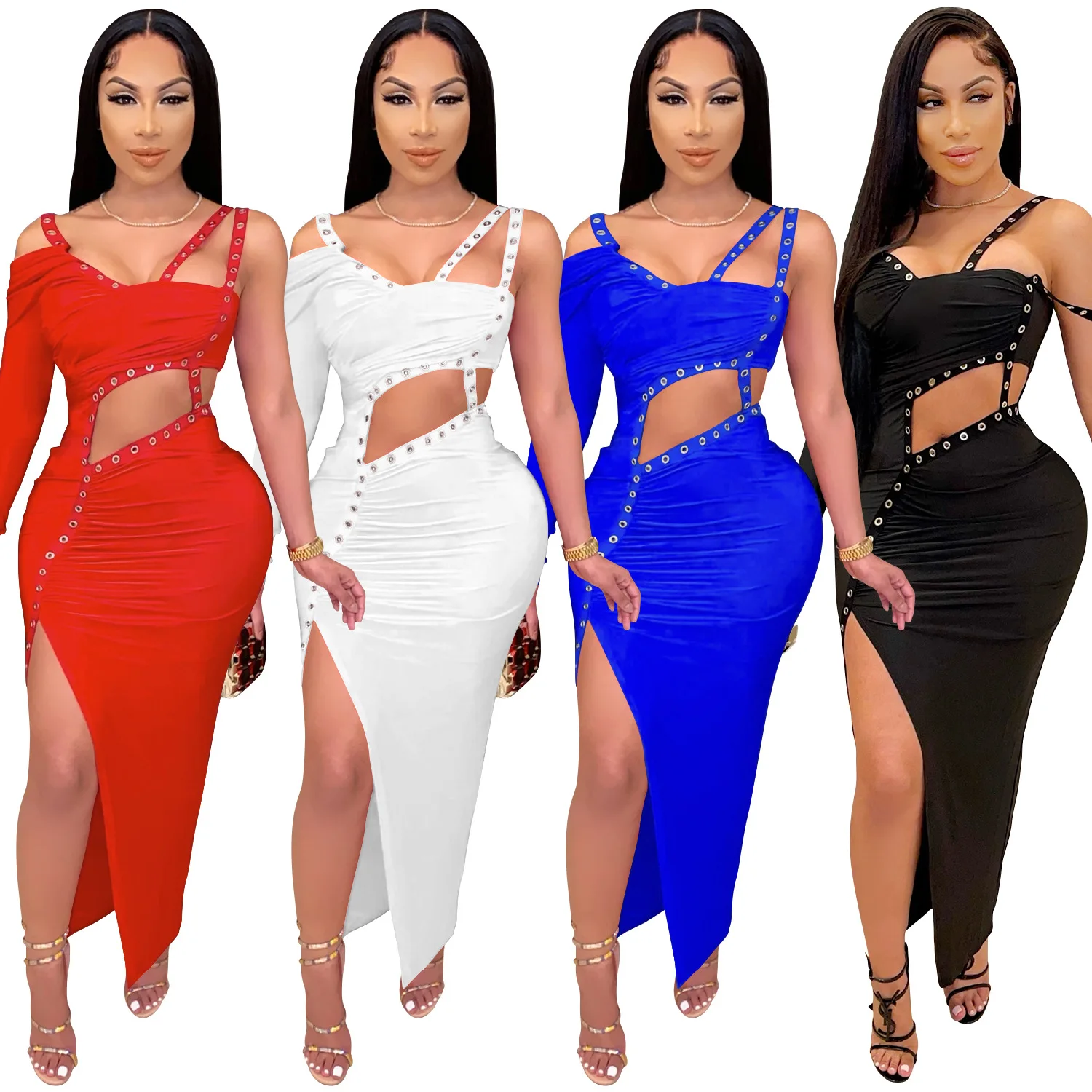 

Red White Blue Black Sexy Night Club One Sleeve Hollow Out Ruched High Split Strappy Vestidos Longo Bodycon Dress Maxi Kleid