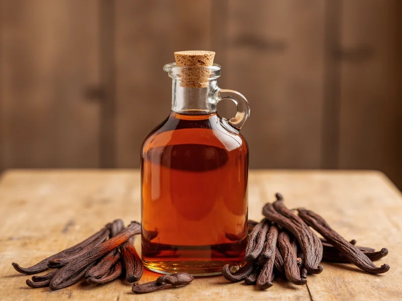 Homemade vanilla extract in amber bottle with beans