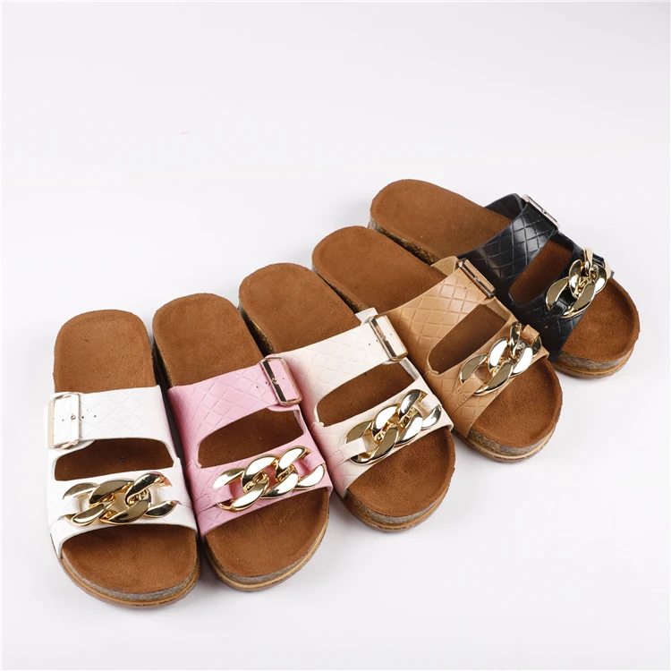 

wholesale Cork sole flat women's slippers outdoor casual slides sandals for women and ladies Chain Shoes, Customized color