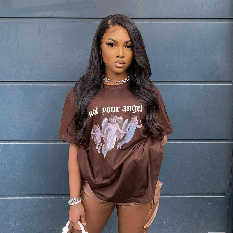 

P00493Z Short Sleeve Graphic Tee Shirts Letter Print Baddie Streetwear Brown Oversized T-Shirt Women Summer Slim Aesthetic Top
