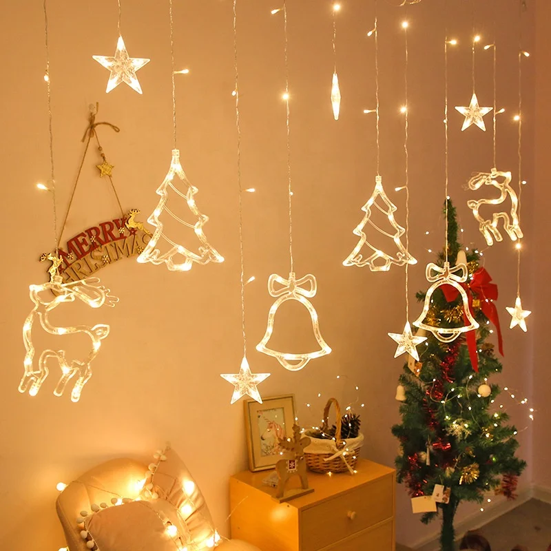 120LED Romantic Christmas Moose Beel LED Curtain Window Light String for Outdoor Indoor Home Bedroom Decoration