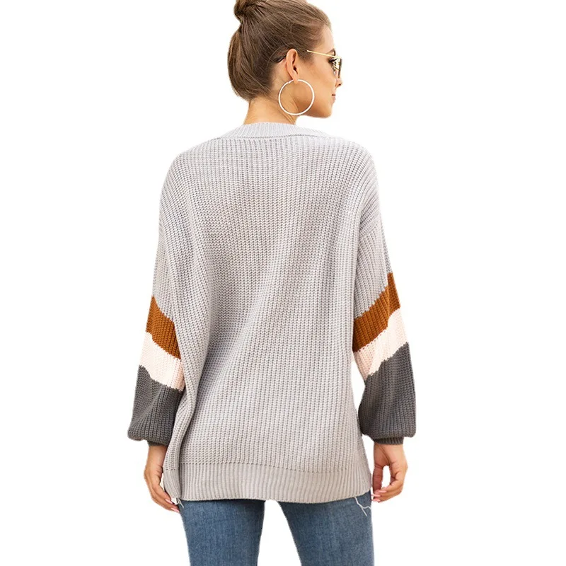 

2021 autumn and winter new hot selling sweater women's V-neck Lantern Sleeve stripe color matching sweater