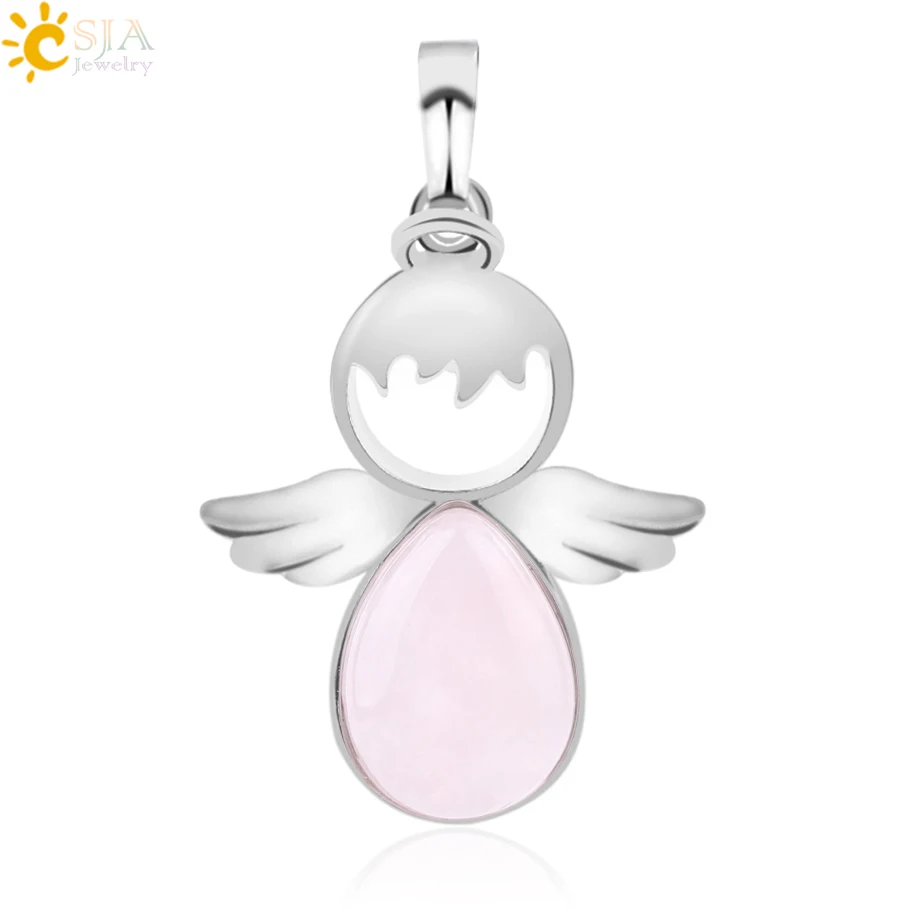 

CSJA lovely natural rose quartz angel wings gem stone pendant necklace designs jewelry for women girls gift F753