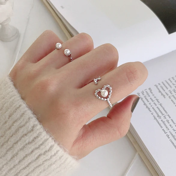 

Minimalist Style Hollow Open Heart Ring With Pearl Twisted Adjustable 925 Sterling Silver Rings, As picture