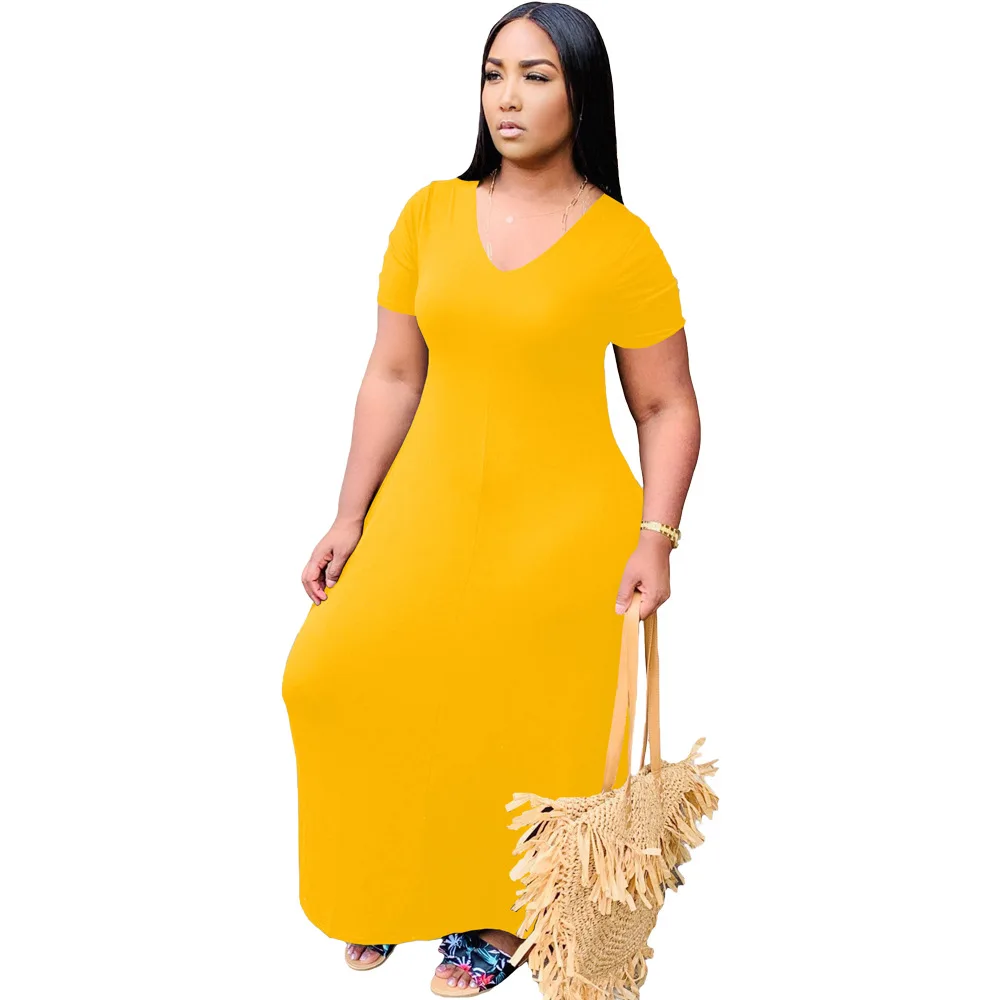 

022307 Hot Sale Round Neck Simple Solid Color Printing Sexy V Collar Loose Pockets Plus Size Dress for Women