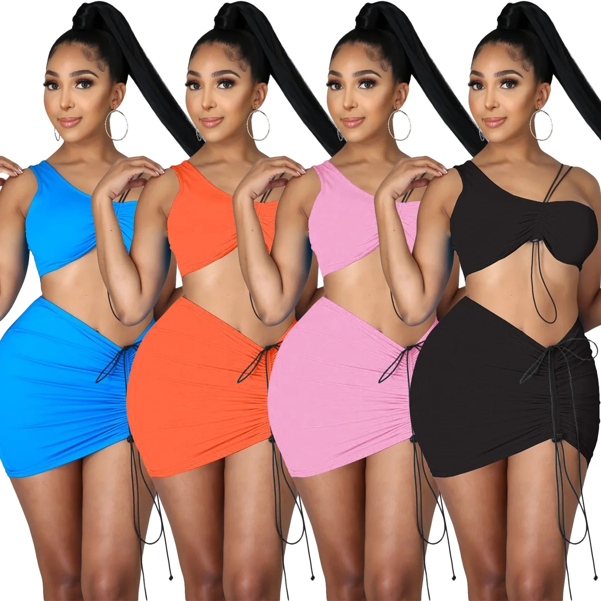 

YD - Y1652 Hot selling summer beachwear sexy one shoulder solid color elastic drawstring women two piece set