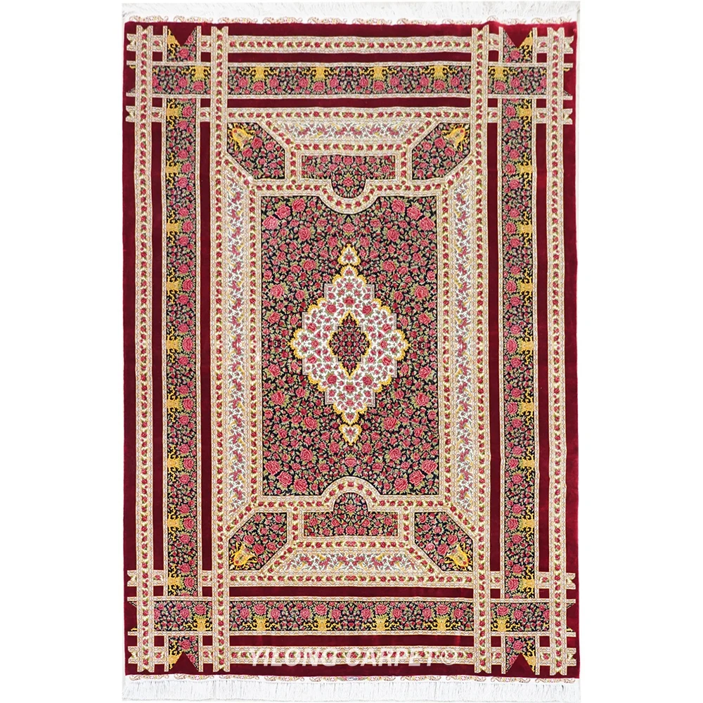 

YILONG 6'x9' Red Rose Pattern Hand Knotted Carpet Handmade Silk Chinese Rug