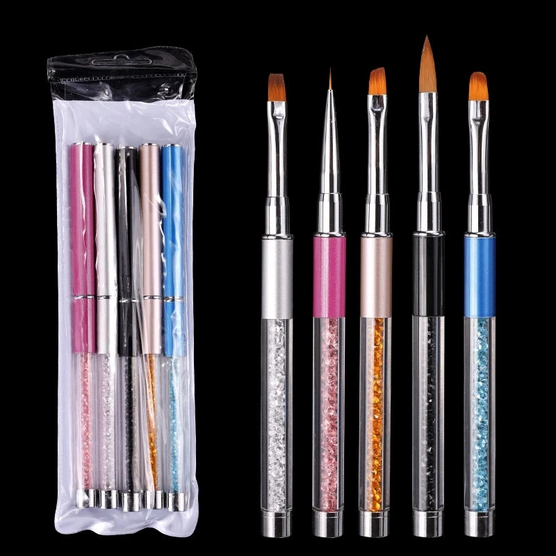 

Rhinestone Diamond Acrylic Handle Gel Polish Manicure Painting Nail Brush Nail Art Pencil Carving Pen Nail Liner Brushes, 5 colors