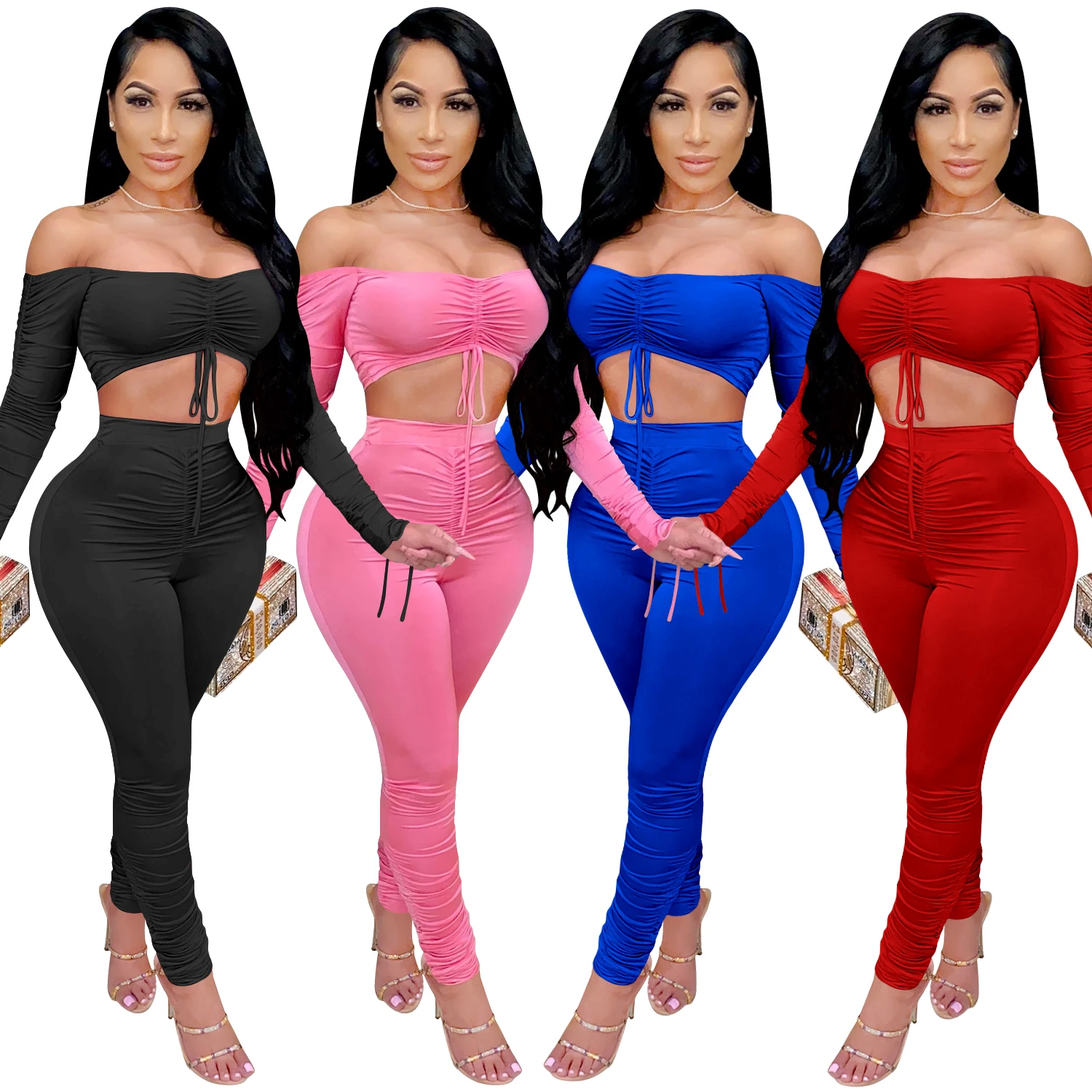 

Foma C3715 hot selling sexy bodycon one shoulder crop tops and pleated pants women two piece set