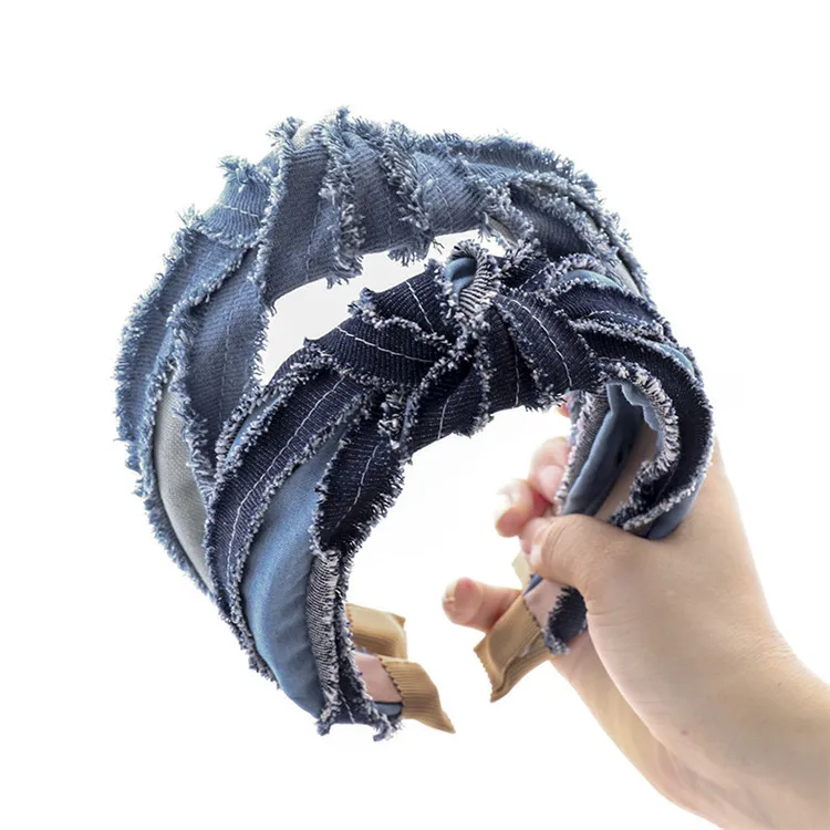 
2020 New Arrival 7cm Wide Denim Sponge Knot Headband Girls Blue Jean Headband For Women 