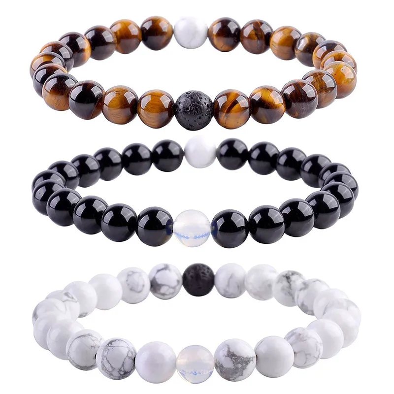 

Frosted Stone Black Onyx and White Turquoise Agate Beads Couple Bracelet TIger Eye Lava Yin Yang Stone Stretch Bracelets, Many colors