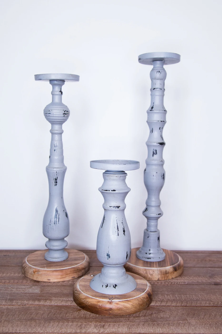 Gray Distressed Home Decor Metal And Solid Wood Candle Holders Set Gift