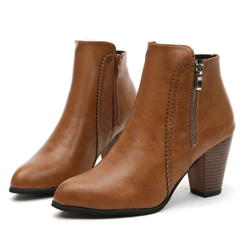 

Big Size Chunky High Heel Ladies Ankle PU Leather Boots