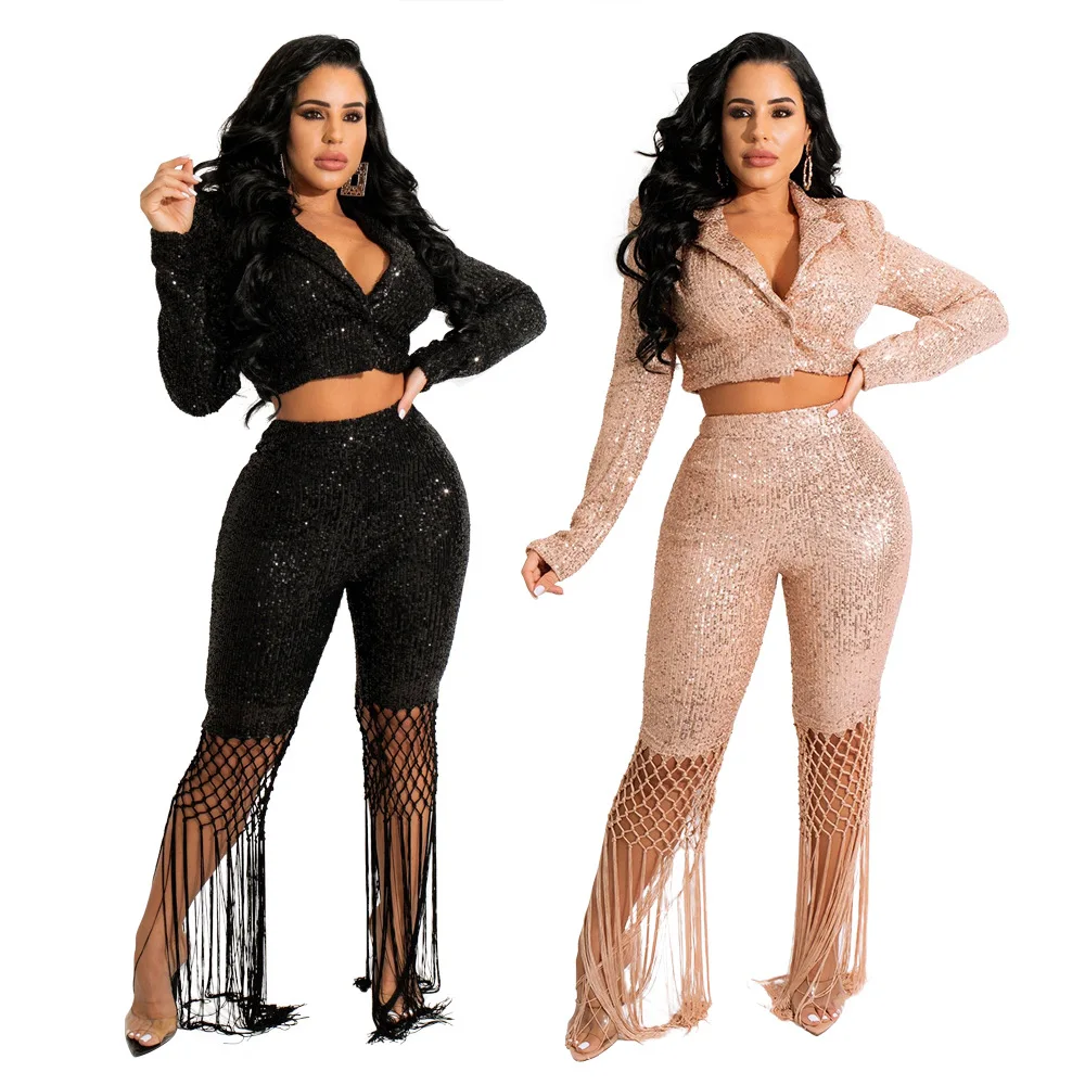 

DL638 Sequin Patchwork Tassel Luxury sexy rhinestone sheer crop top and pants 2 piece set for women