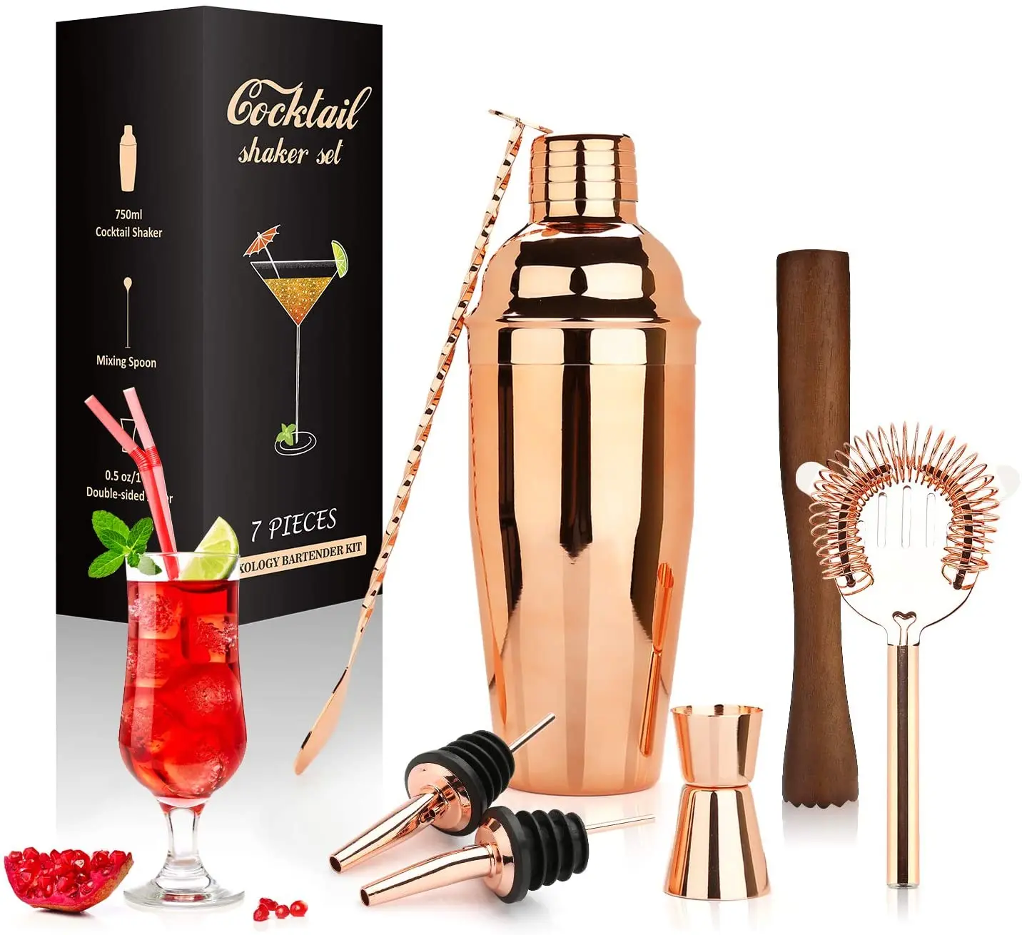 

7pcs Rose Gold Bartender Kit Cocktail Shaker Making Set Stainless Steel Bar Tool Set Scandinavian Style Home DIY Kit