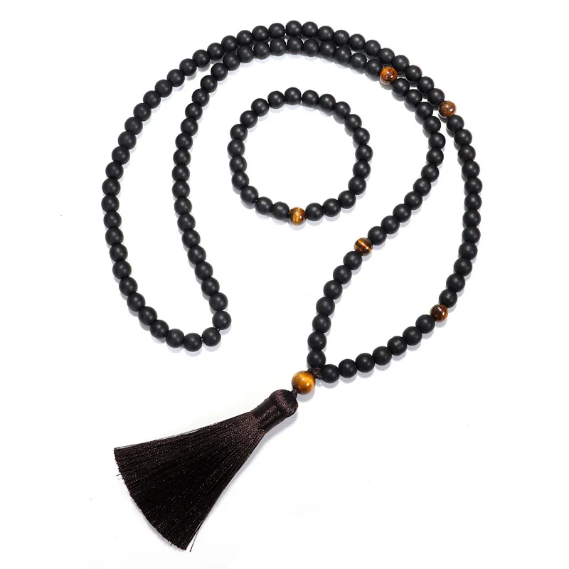 

NUORO Handmade Mala Beaded Yoga Stone Bracelet Necklace 108 Tiger Eye Turquesa Black Stone Tassel Necklace Set, As pic