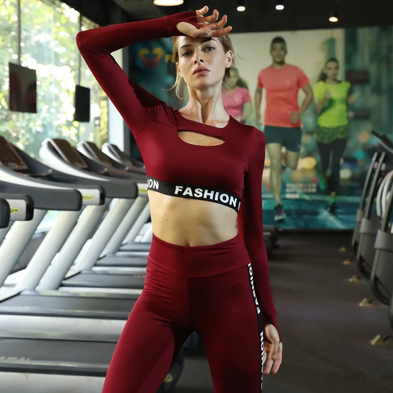

Letter printing yoga fitness long-sleeved T-shirt trousers sports tight two-piece yoga clothing leggings for women