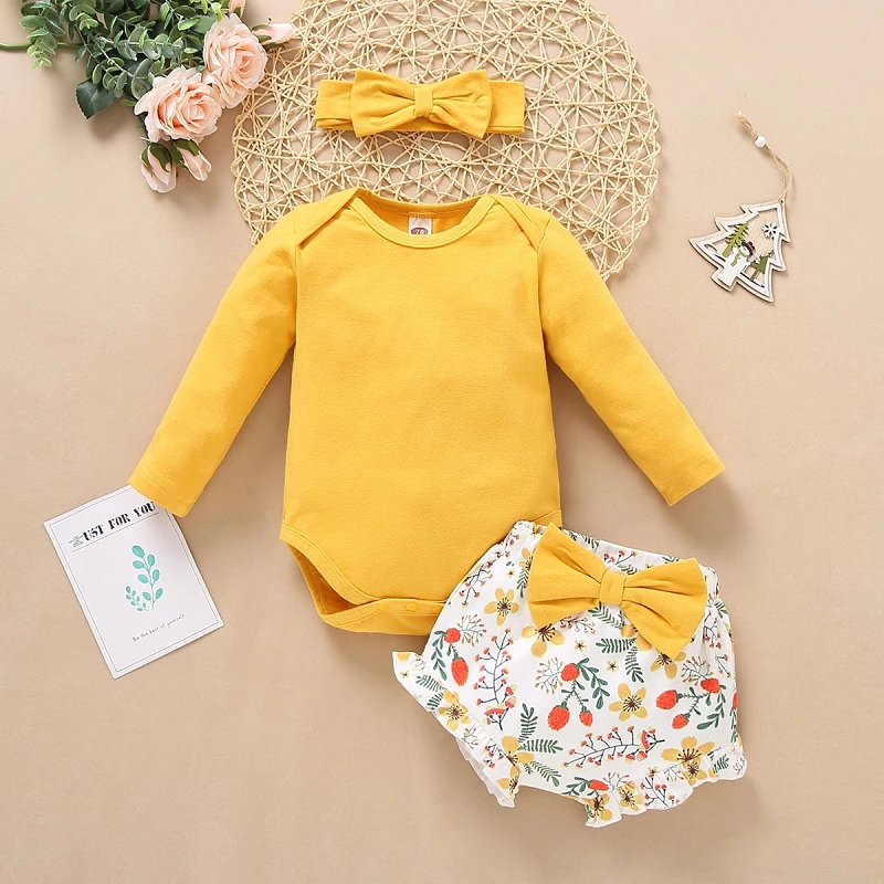 

Ins Baby Floral Clothing Set Long Sleeve Romper Top + Short +Headbands 3Pcs/Set Boutique Outfits Kids Clothes M550