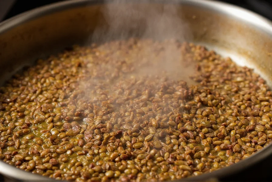 Close-up of cumin seeds blooming in hot oil with visible aromatic steam