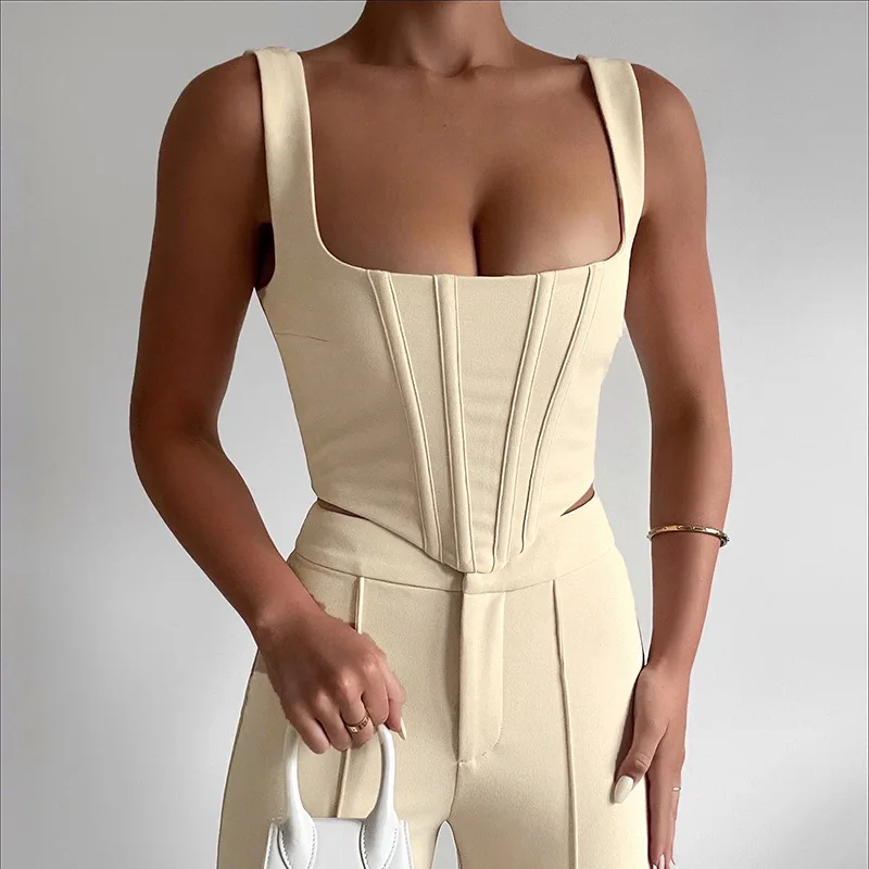 

Summer Sexy Square Collar Low Cut Solid Collar Slim Crop Top Vest For Women, Apricot