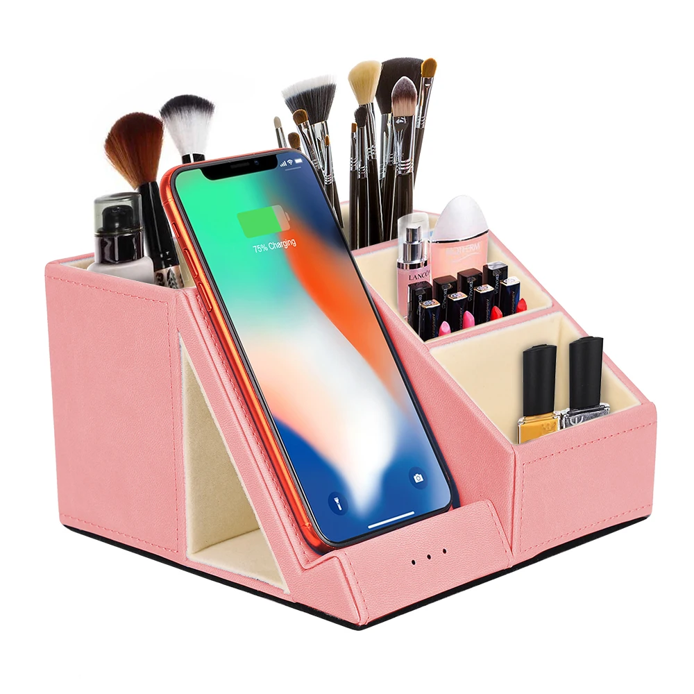 

Eco - friendly PU leather wireless charger organizer cosmetic jewelry storage make up makeup organizer, Black/pink/blue/customized color