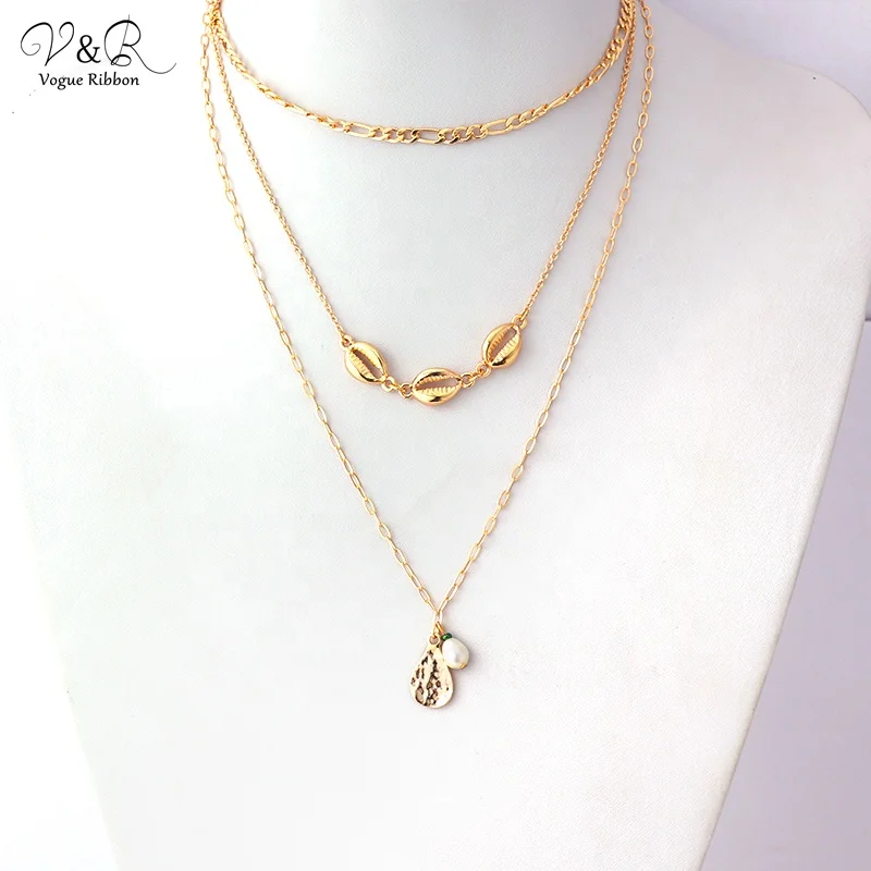 

V&R Fashion Jewelry Gold Plated Triple Layered Metal Chain Conch Pendant Choker Sea shell Necklace For Women, Customized