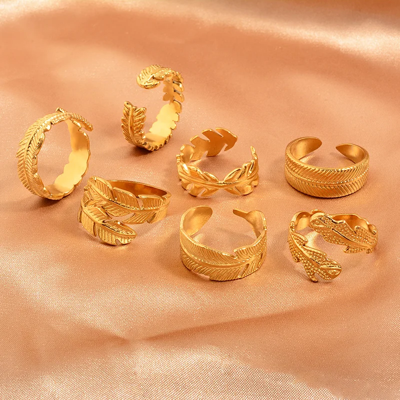 

Wholesale Leaf 14k Stainless Steel Feather Ring Adjustable Gold Filled Rings For Women