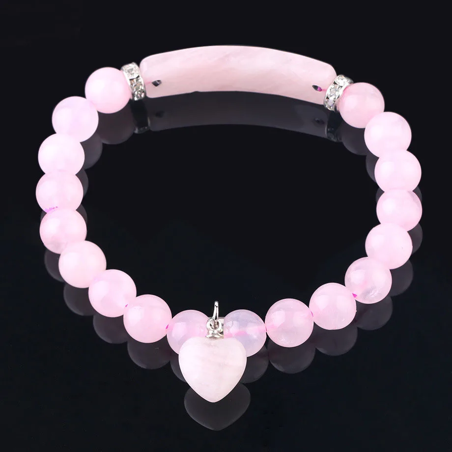 

High Quality Elegant Ladies Heart Pendant Women 8mm Quartz Pink Crystal Natural Stone Beads Jewelry Bracelet