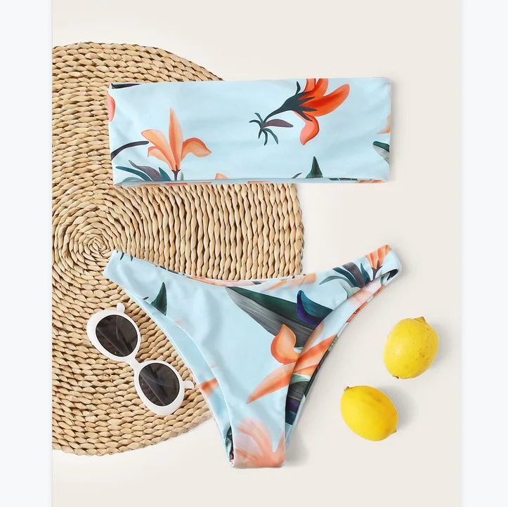 

W-C-966A Women Sexy 2PCS Seperated Bikinit Set Flower Print Tube Tops and Pants Swim Suit Beach Swimwear 2021 Summer, Red / sky blue / navy blue