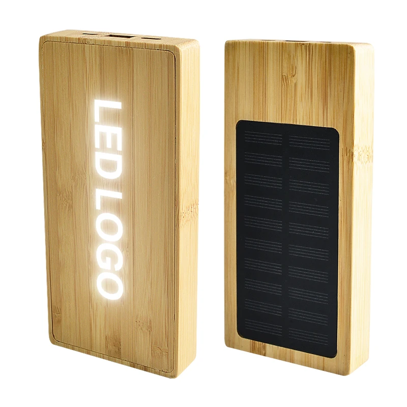 

FSC certification bamboo portable led Solar Panel Charge outdoor travel 5000/10000 mAH power bank custom