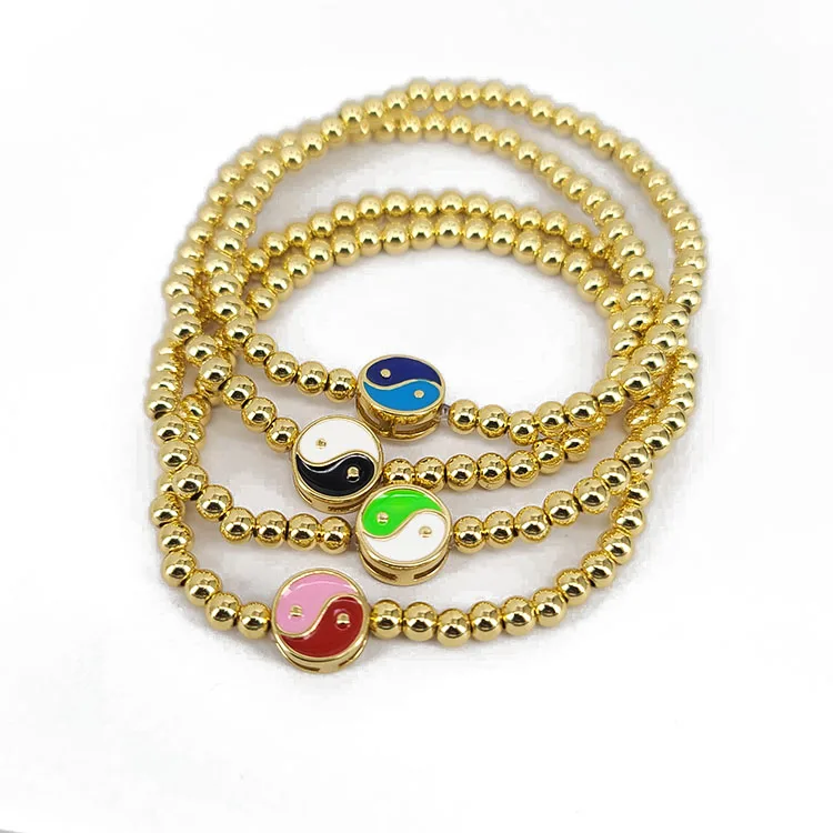 

BM1079 Delicate Small 18K Gold Plated Beads with Enamel Multi Colored Yin Yang Zen Jewelry Elastic Bracelets for Women 2021, Gold color