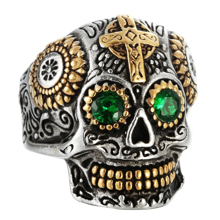 

316L Titanium Steel Skull Ring Punk Style Male Carved Ghost Head Green Eye Ring Jewelry