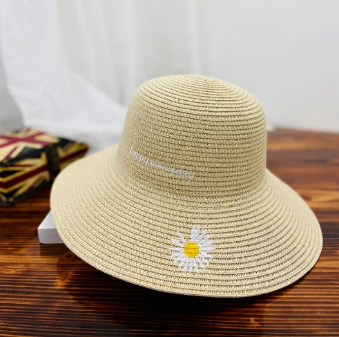 

Fashionable Daisy Embroidery Breathable Dome Short Eaves Summer Custom Straw Sun Hat