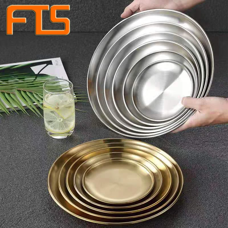 

FTS serving restaurant custom round stainless steel korea style gold set korean plate