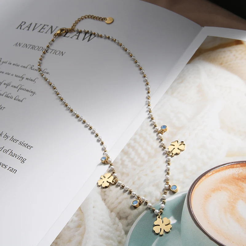 

New Style Stainless Steel 14K Gold Plated Flower Pearl Zircon Necklace